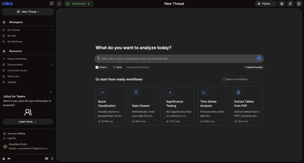 Julius AI interface showcasing features for advanced AI messaging, memory retention, and team collaboration with tools for seamless communication.